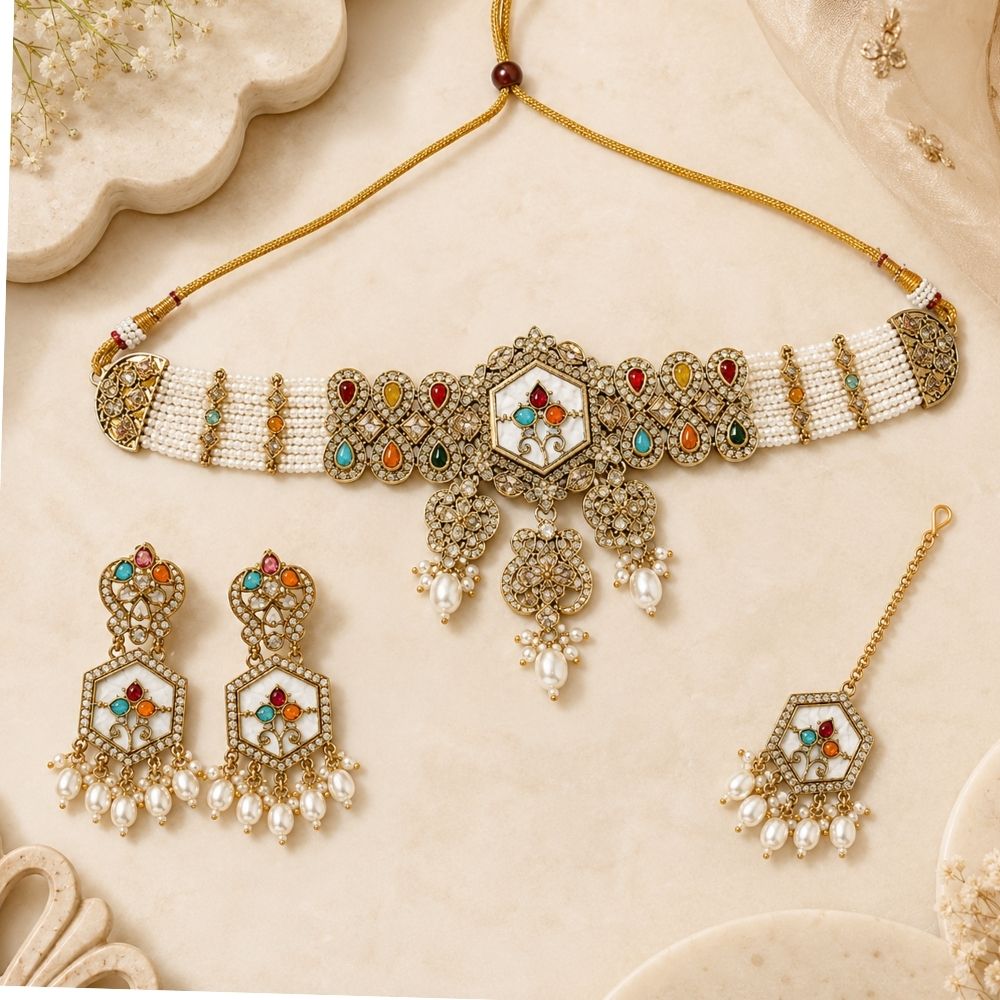 Shritika- Multi-Color Mother of Pearls Choker Necklace Set with Pearls