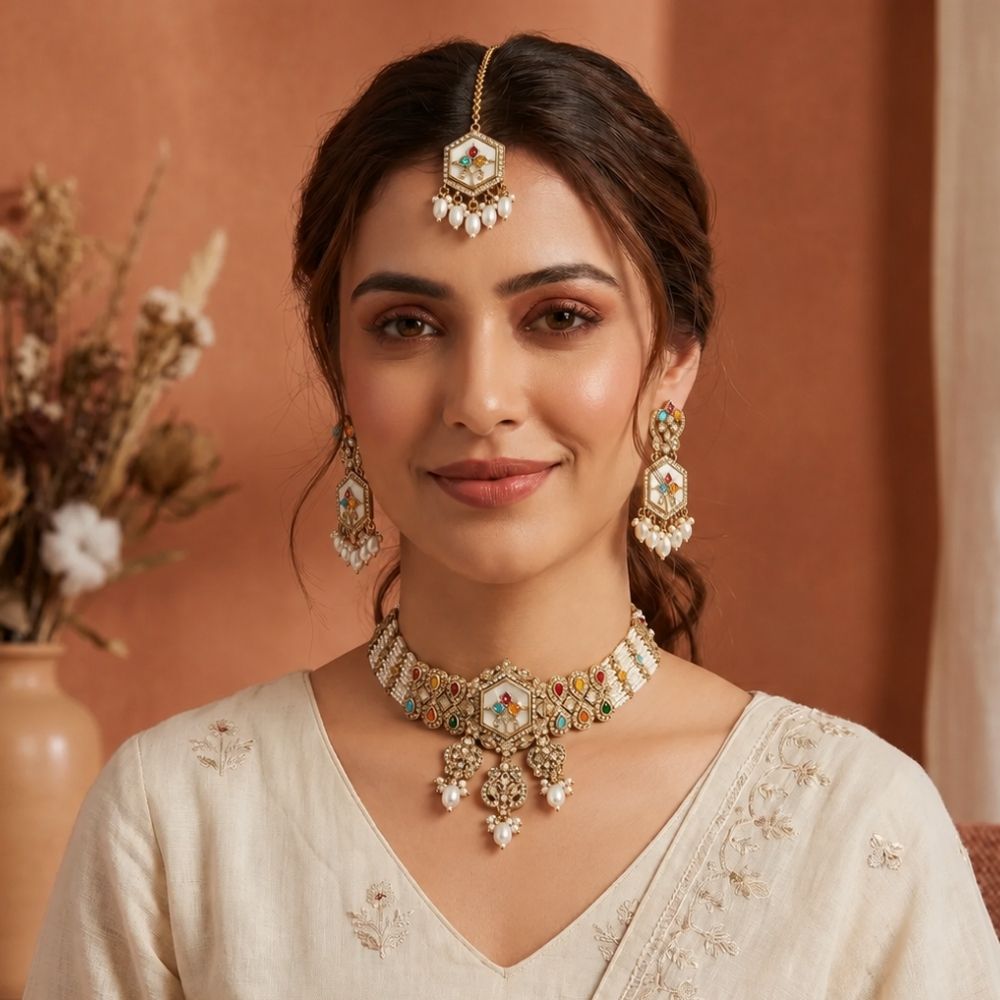 Shritika- Multi-Color Mother of Pearls Choker Necklace Set with Pearls