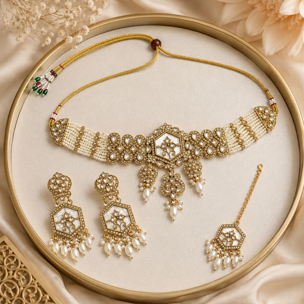 Shritika- White Mother of Pearls Choker Necklace Set with Pearls