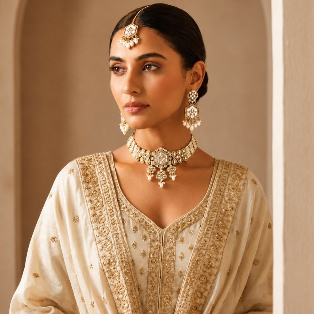 Shritika- White Mother of Pearls Choker Necklace Set with Pearls