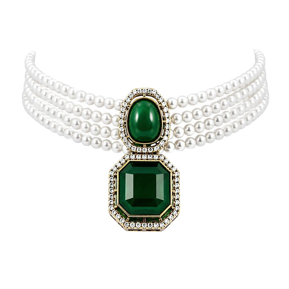 Ekashi- Green Stone Pearl Choker Necklace Set