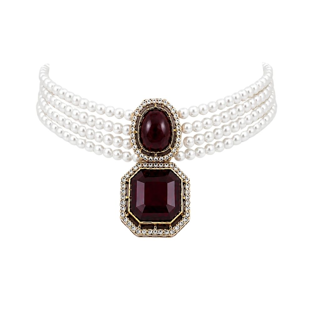 Ekashi- Wine Stone Pearl Choker Necklace Set