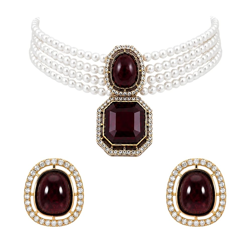 Ekashi- Wine Stone Pearl Choker Necklace Set