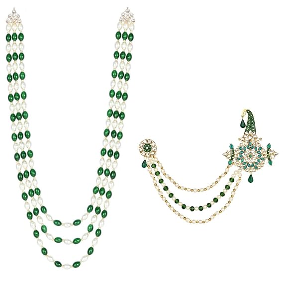 Pearl and Green Groom Haar Set with Embellished Kalgi