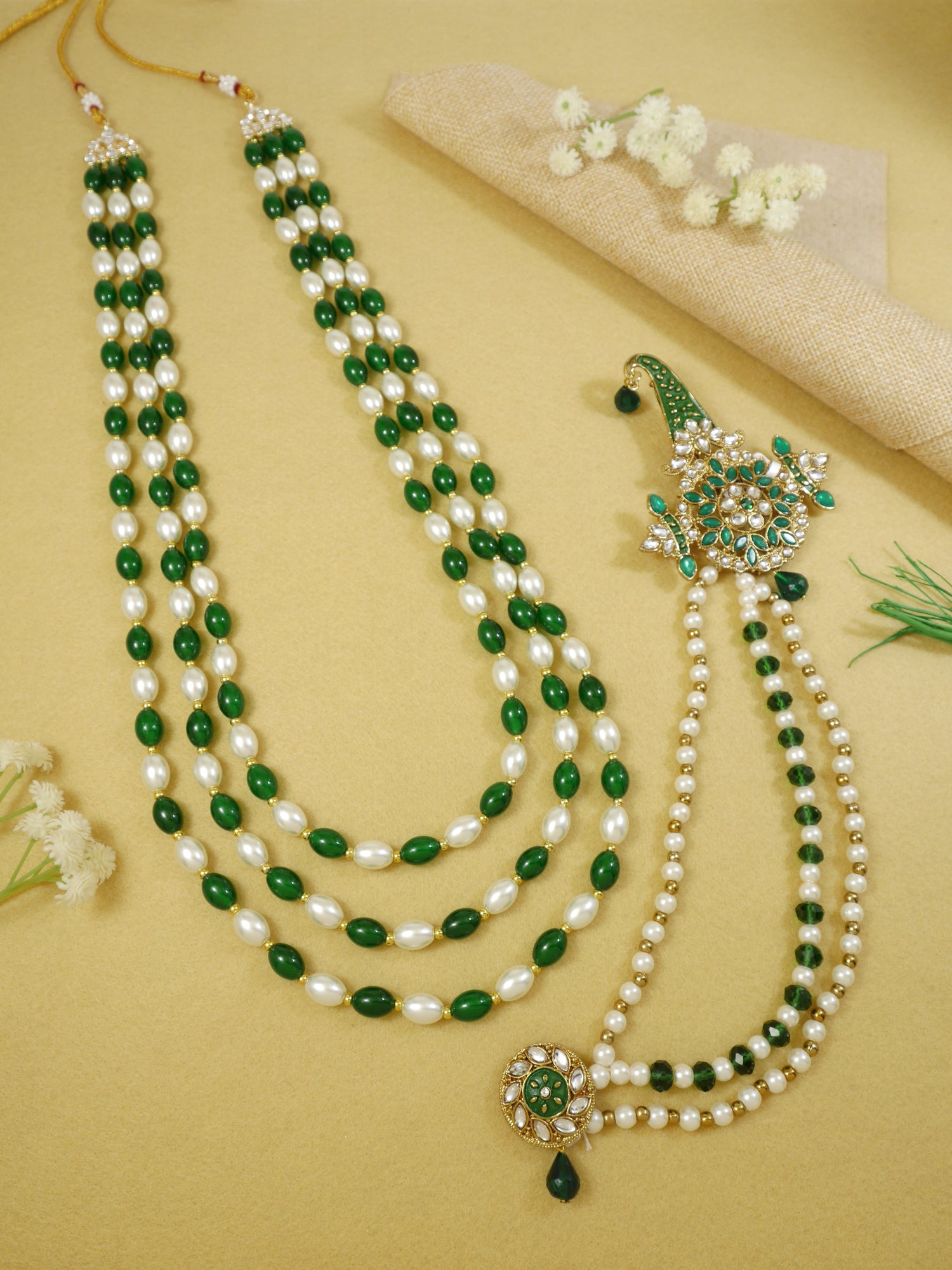 Pearl and Green Groom Haar Set with Embellished Kalgi