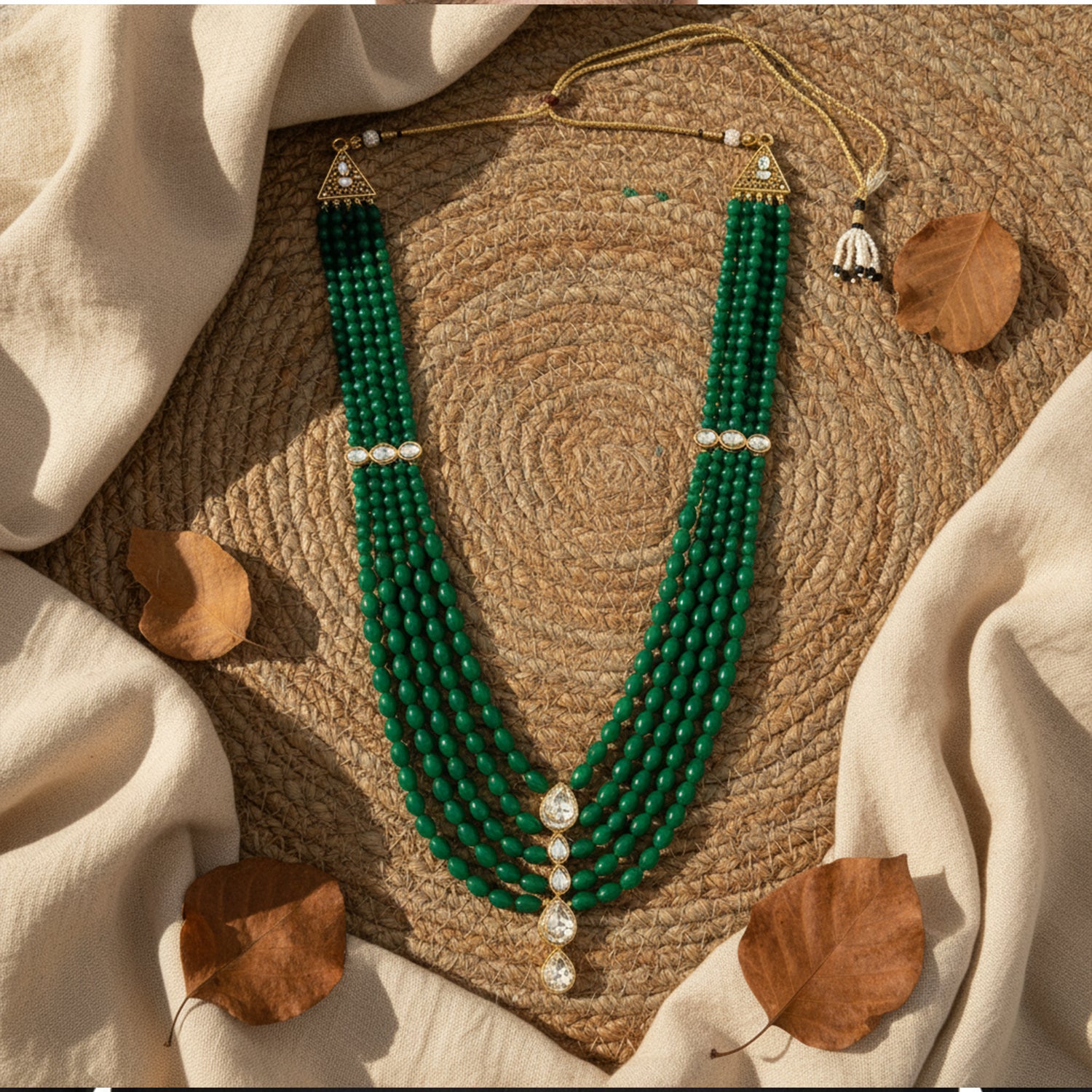 Arhan - Green Stone Multi-Layer Beaded Mala with Kundan Accents