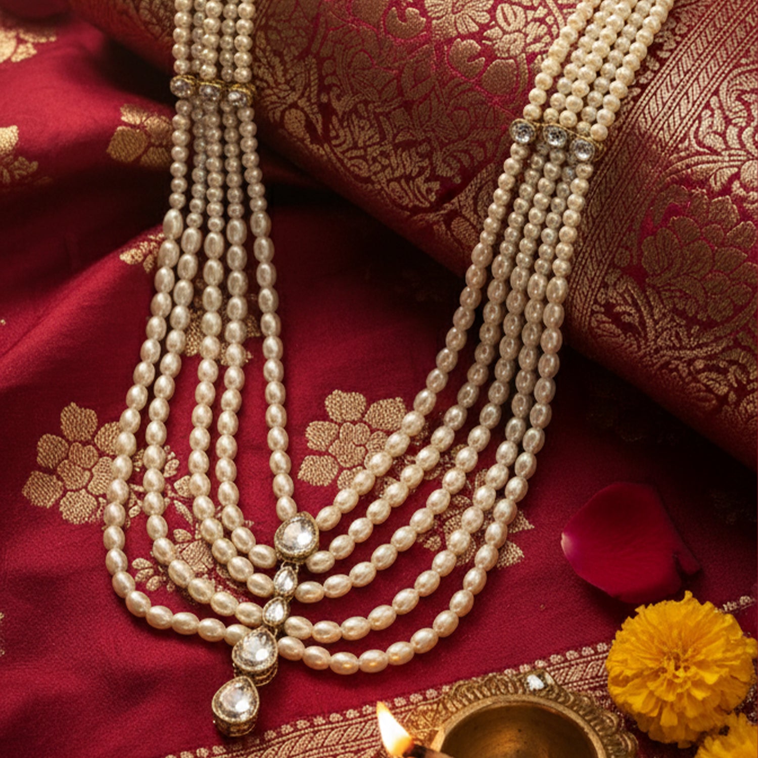 Arhan - White Pearl Multi-Layer Beaded Mala with Kundan Accents