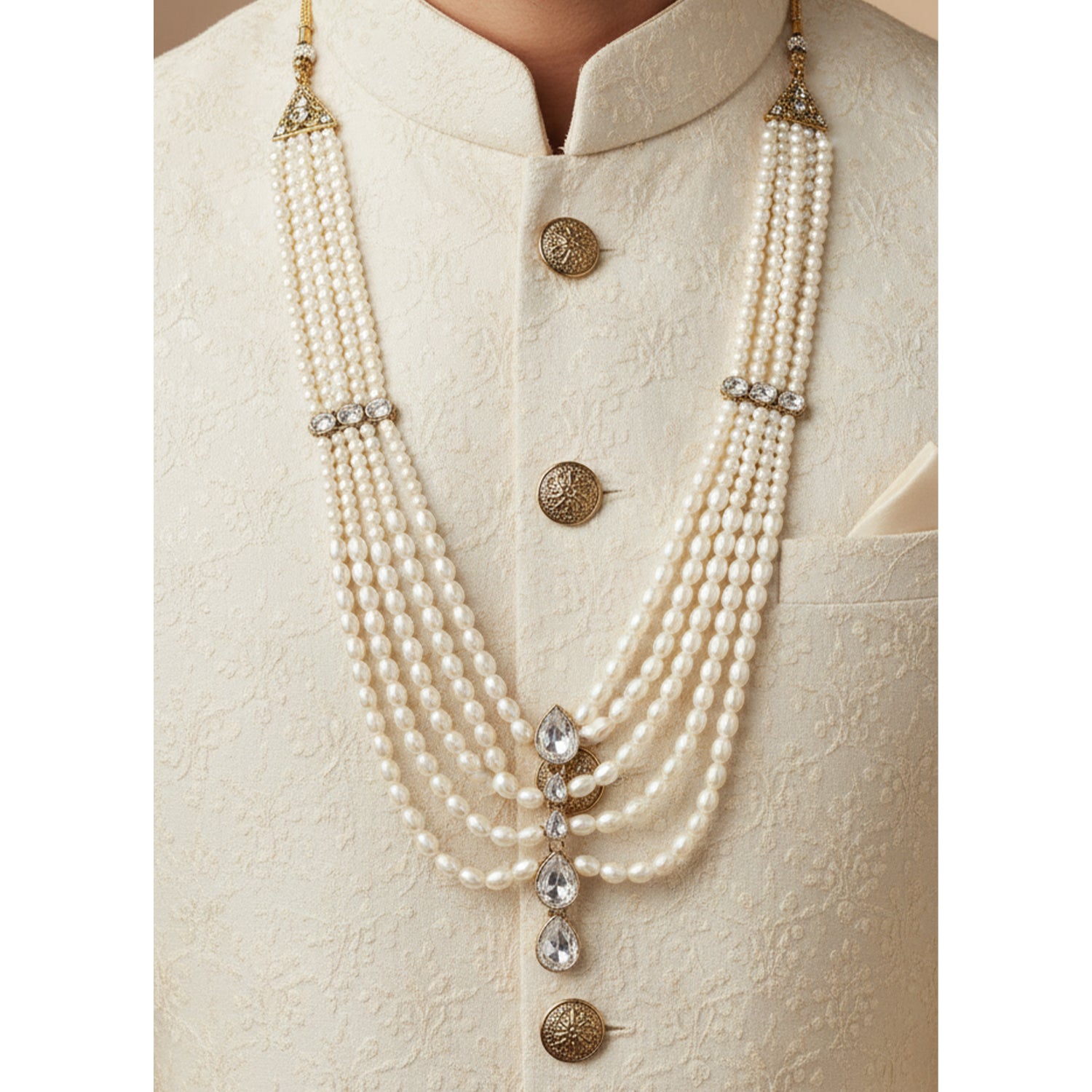 Arhan - White Pearl Multi-Layer Beaded Mala with Kundan Accents