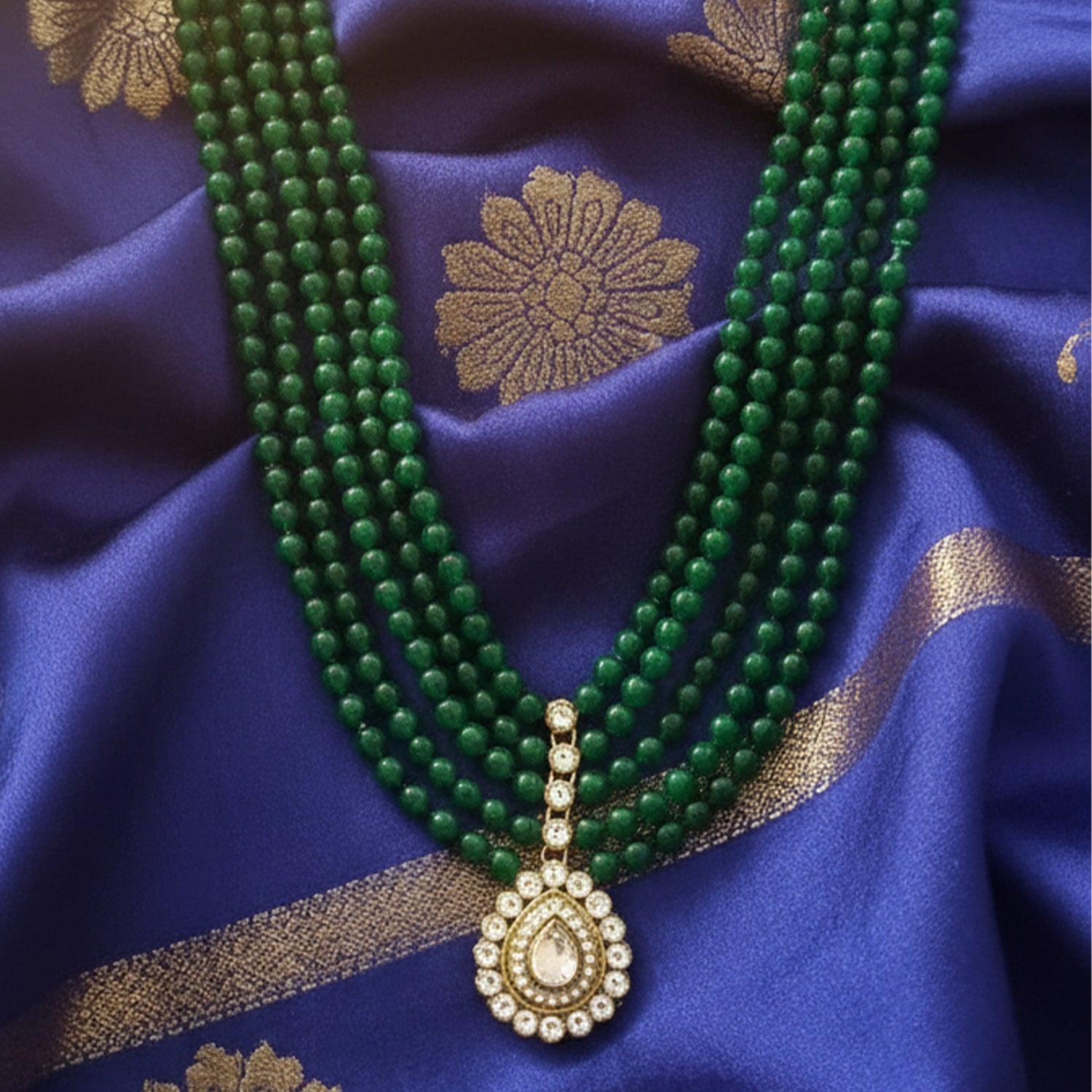 Anvit - Green Beaded Multi-Layer Mala Necklace with Kundan Pendant