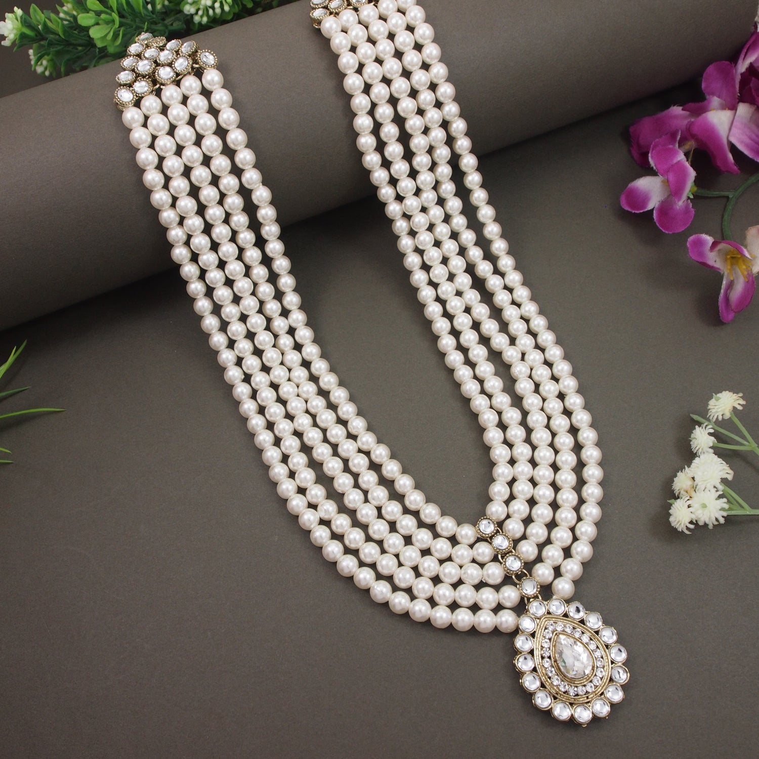 Anvit - White Beaded Multi-Layer Mala Necklace with Kundan Pendant