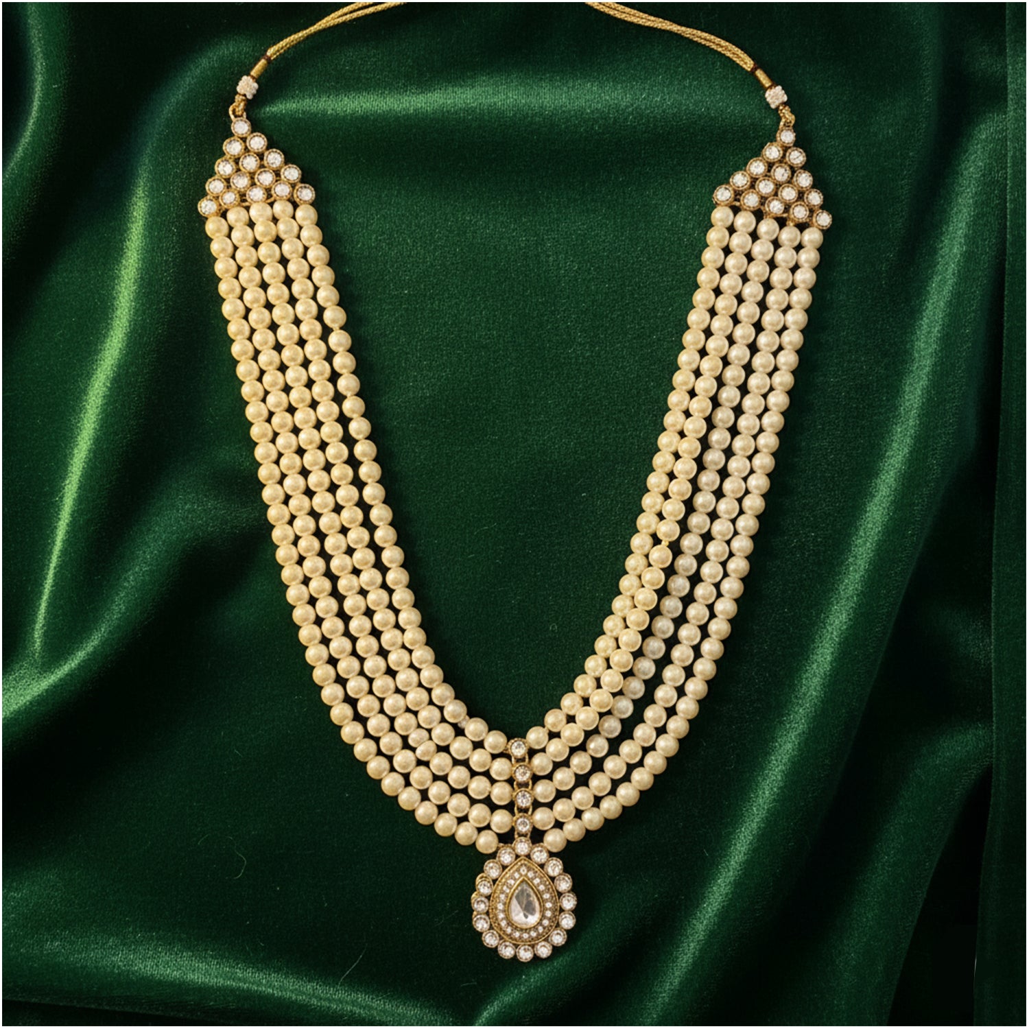 Anvit - White Beaded Multi-Layer Mala Necklace with Kundan Pendant