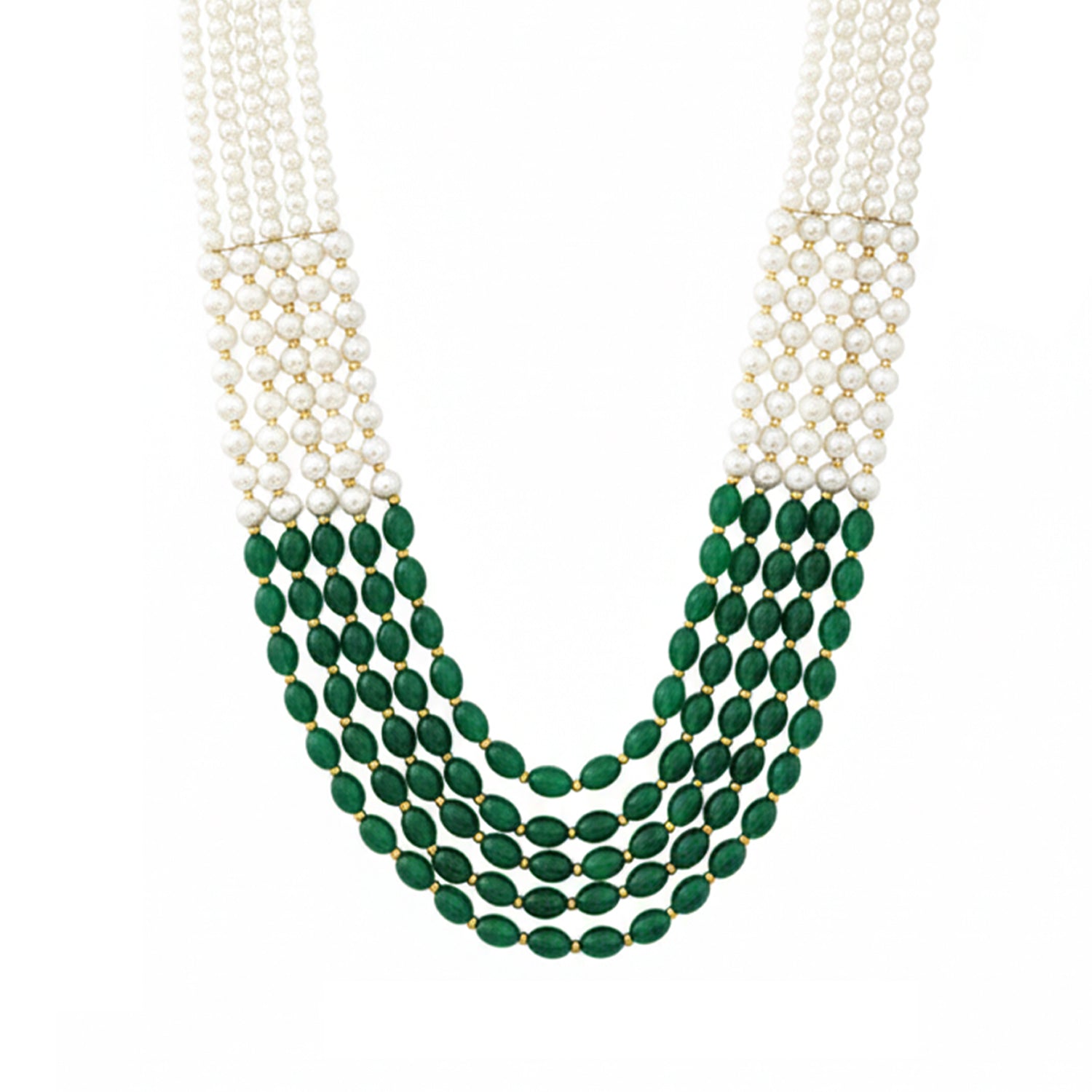 Ronav - Dual-Tone Green & White Beaded Multi-Layer Mala Necklace