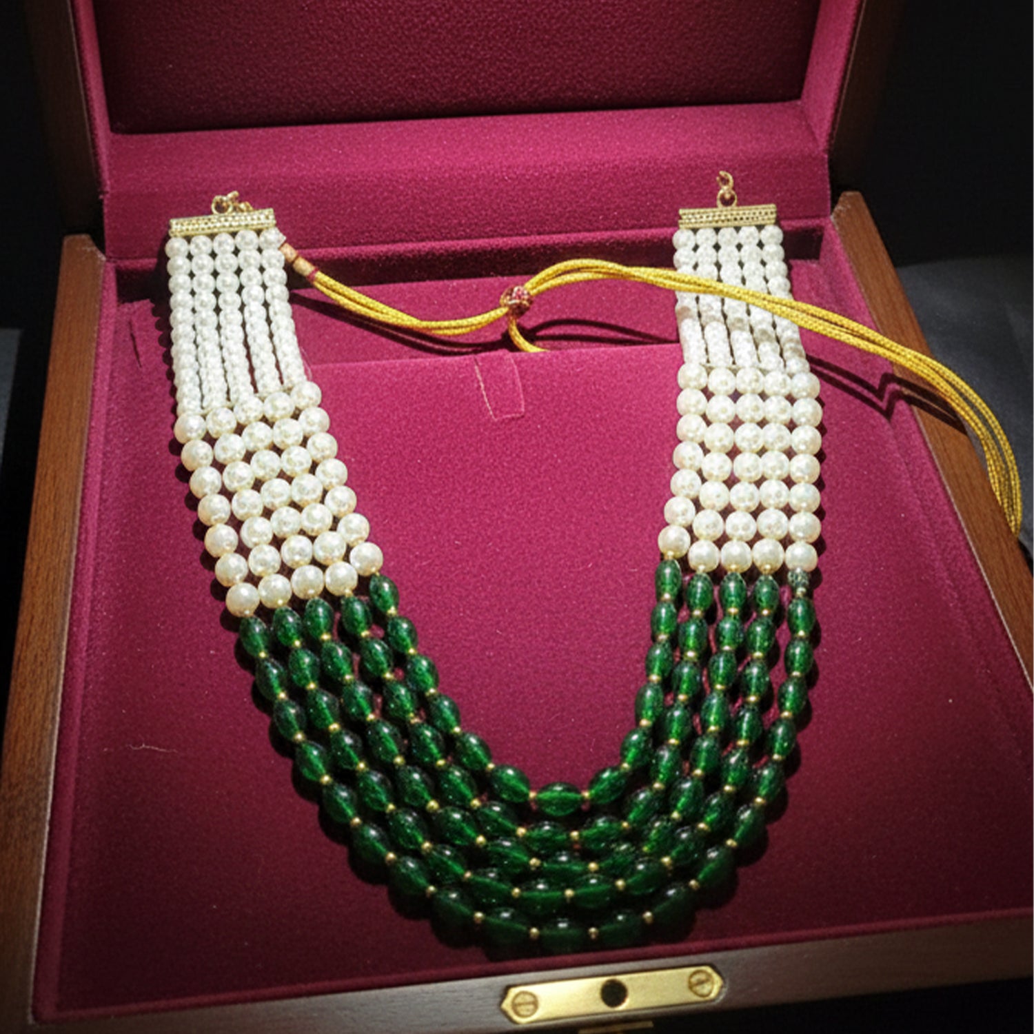 Ronav - Dual-Tone Green & White Beaded Multi-Layer Mala Necklace