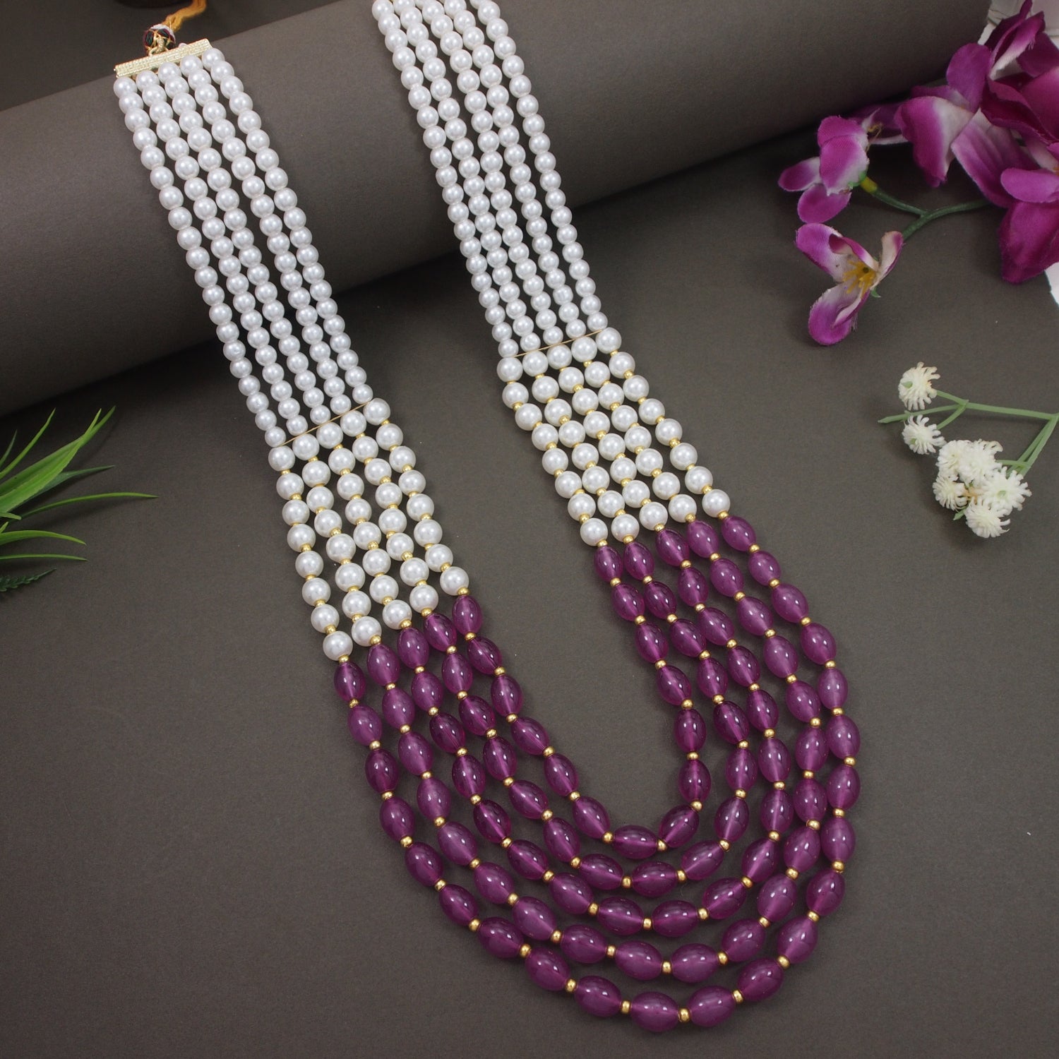 Ronav - Dual-Tone White & Wine Beaded Multi-Layer Mala Necklace