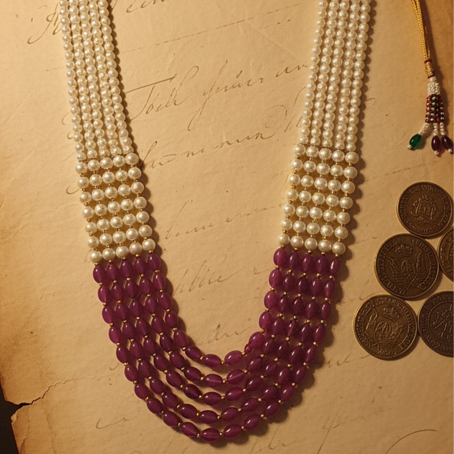 Ronav - Dual-Tone White & Wine Beaded Multi-Layer Mala Necklace