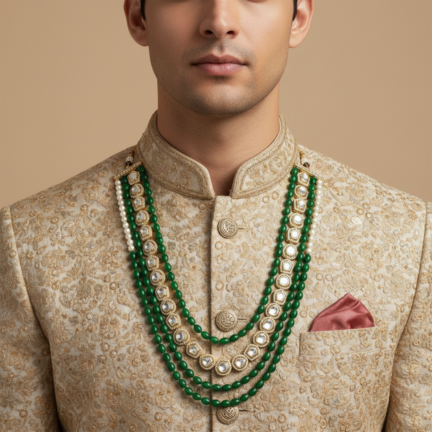 Aryan- Royal Kundan & Green Beaded Multi-Layer Wedding Mala Necklace for Men