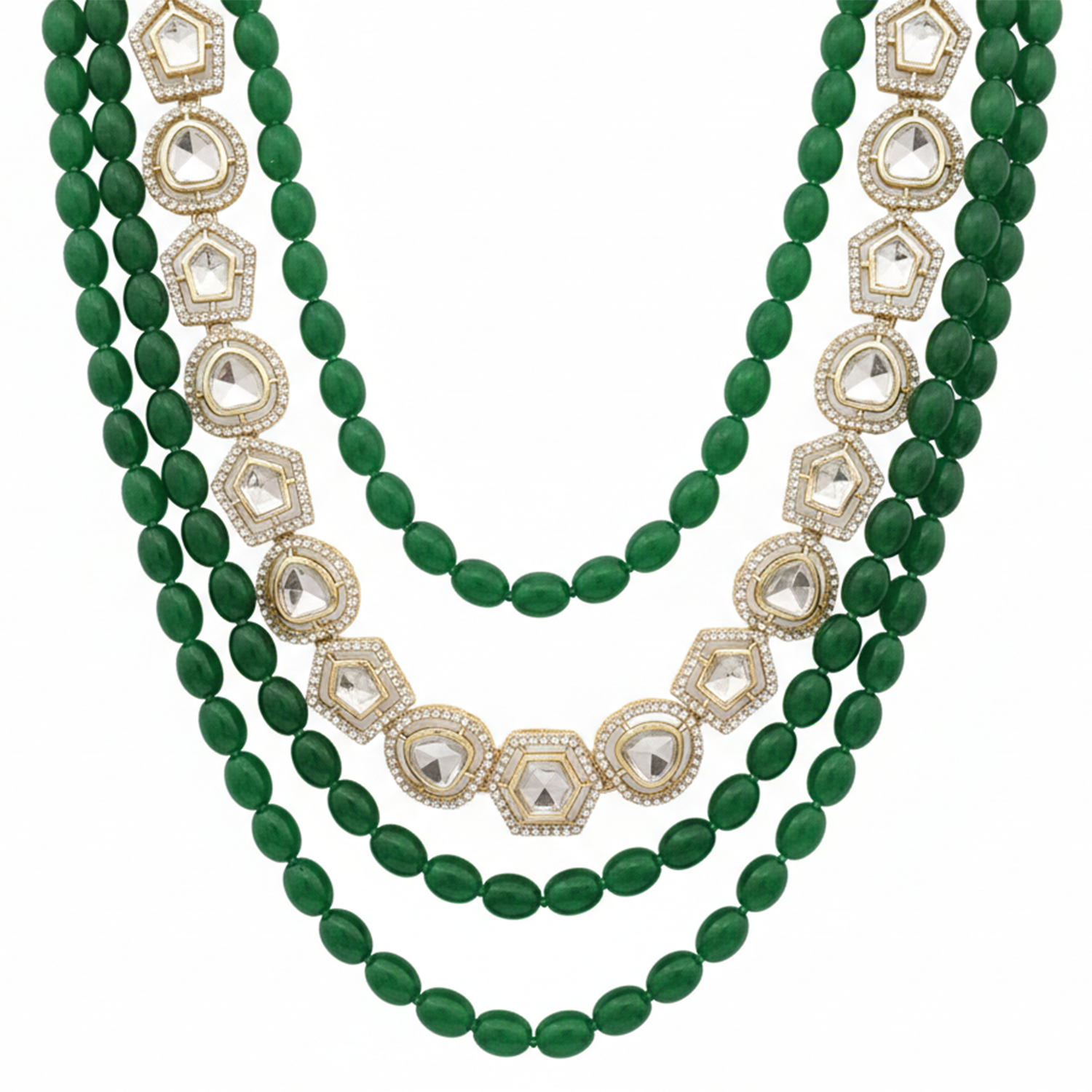 Aryan- Royal Kundan & Green Beaded Multi-Layer Wedding Mala Necklace for Men