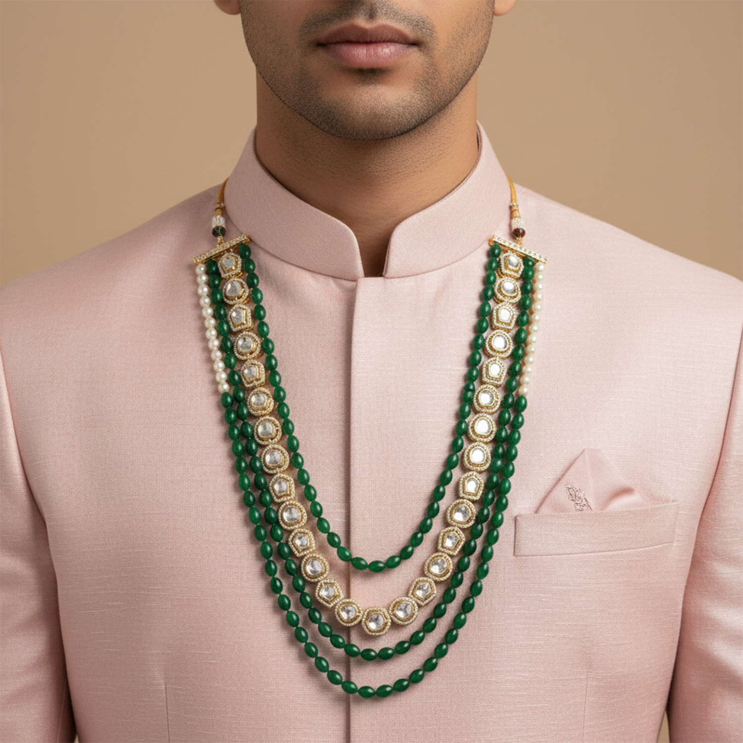 Aryan- Royal Kundan & Green Beaded Multi-Layer Wedding Mala Necklace for Men