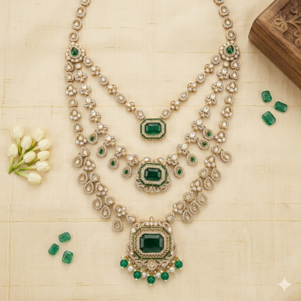 Vikramaditya- Royal Emerald Layered Kundan Mala Necklace