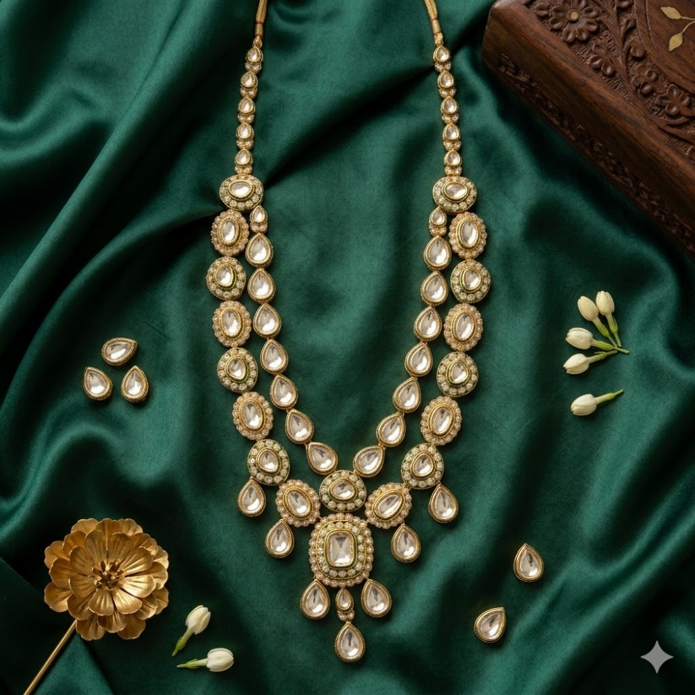 Bhima- Regal Polki Teardrop Layered Mala Necklace