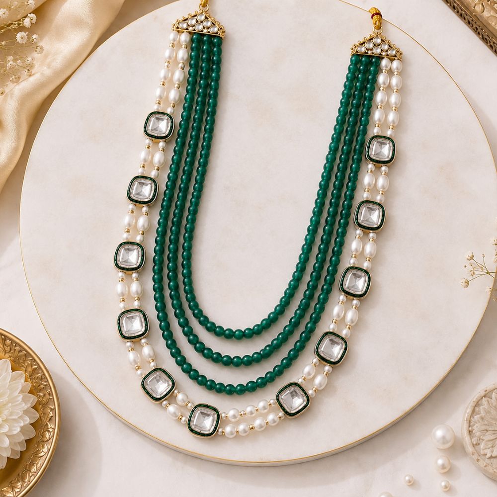Vedansh-Multi Layer Faux Pearl & Emerald-Style Beaded Necklace
