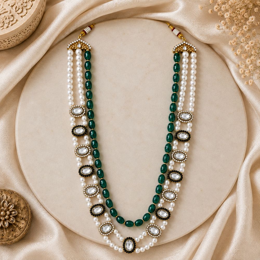 Tharun-Emerald-Style Beaded Kundan Pearl Heritage Mala Necklace