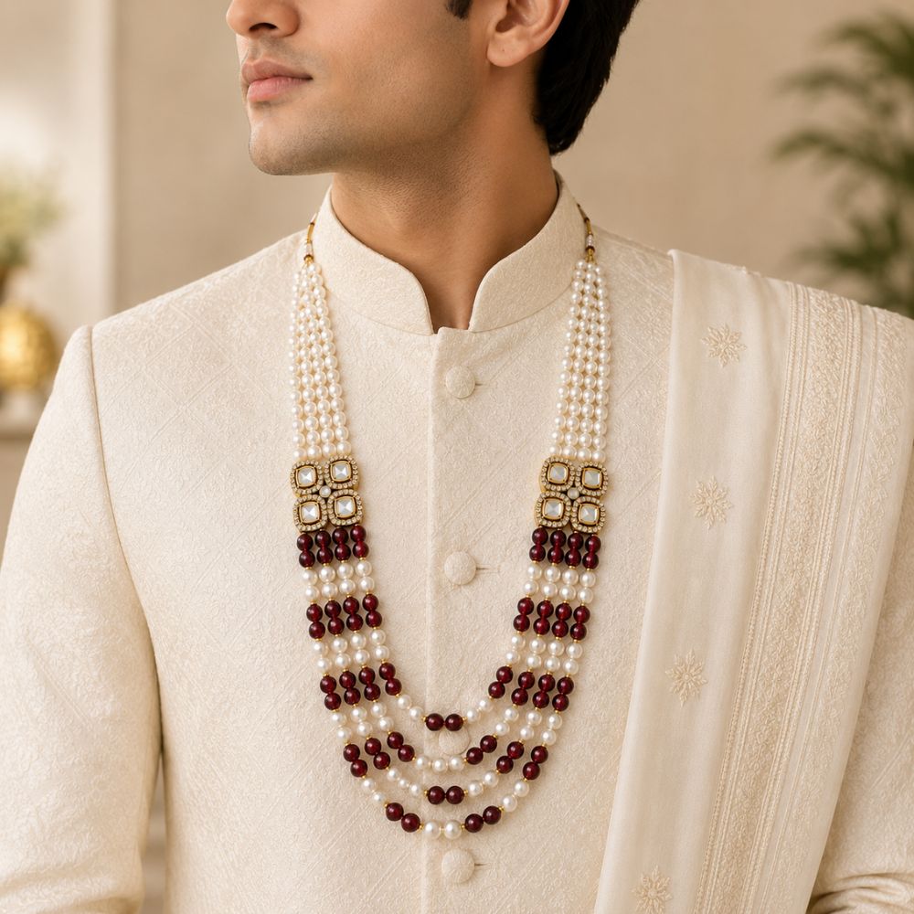 Tavish-Maharaja Pearl Ruby-Style Multi Strand Mala Necklace
