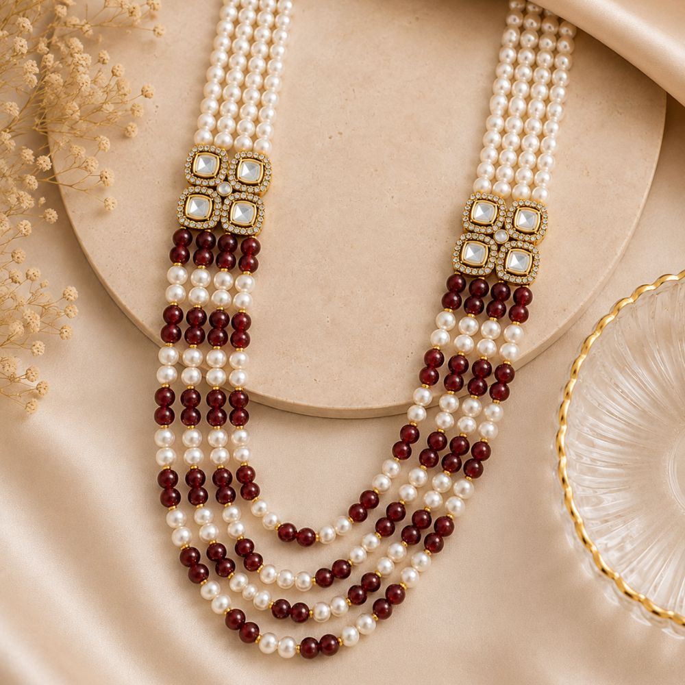 Tavish-Maharaja Pearl Ruby-Style Multi Strand Mala Necklace