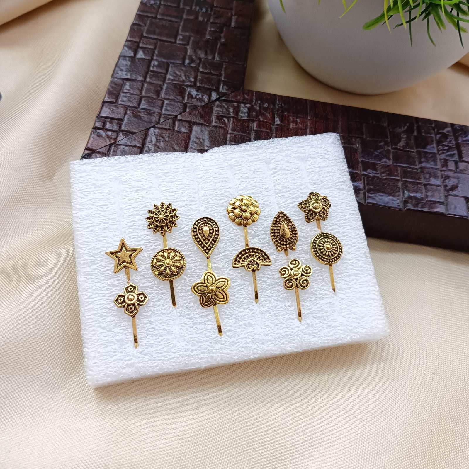 Jesha-Antique Floral Designer Nose Pin Combo Set(Pack of 12 )