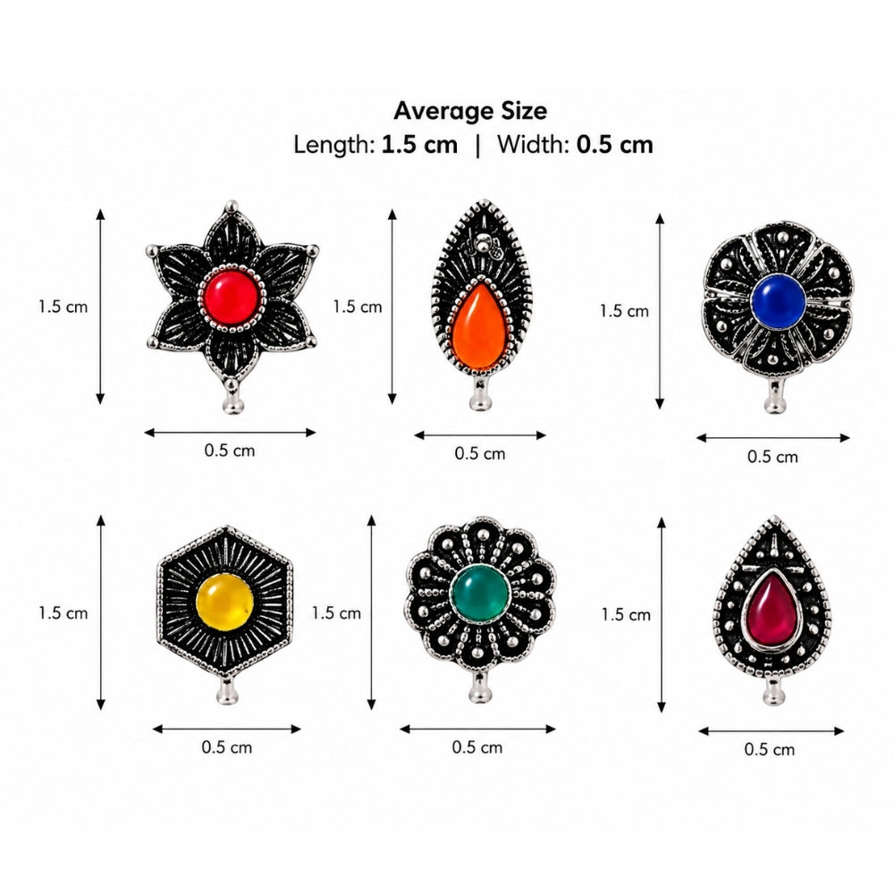Tripura- Set of 6 Multicolour Oxidised Nose Pins