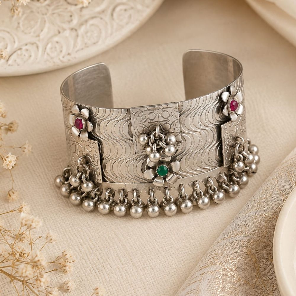 Rudrima- Floral Oxidised Silver Ghungroo Cuff