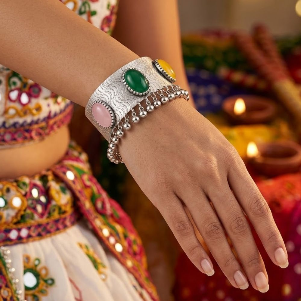 Sahiti- Multicolour Stone Oxidised Silver Ghungroo Cuff