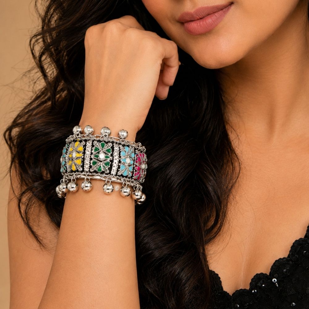Vaanishi- Multicolour Oxidised Silver Ghungroo Cuff