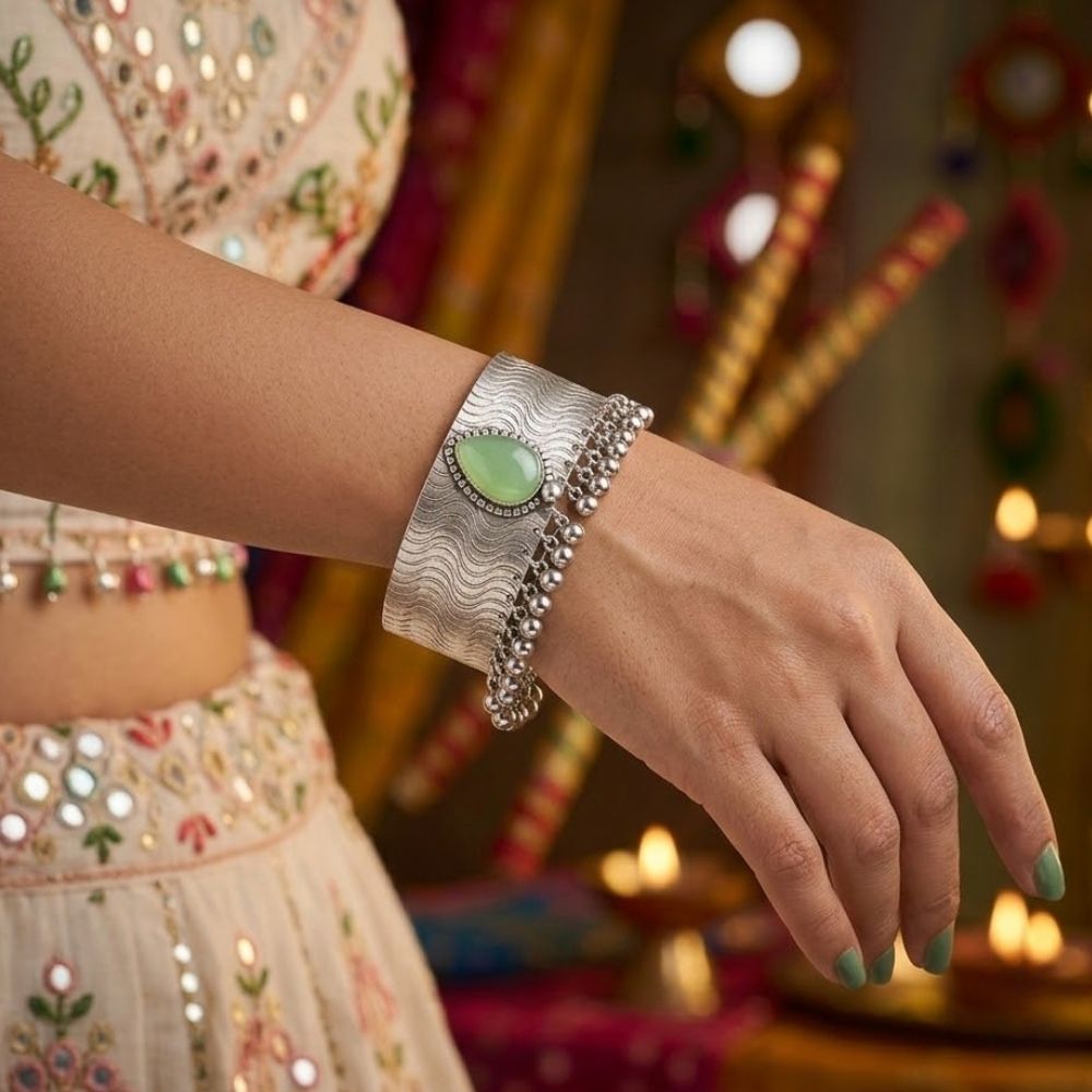 Namisha- Mint Green Oxidised Silver Ghungroo Cuff