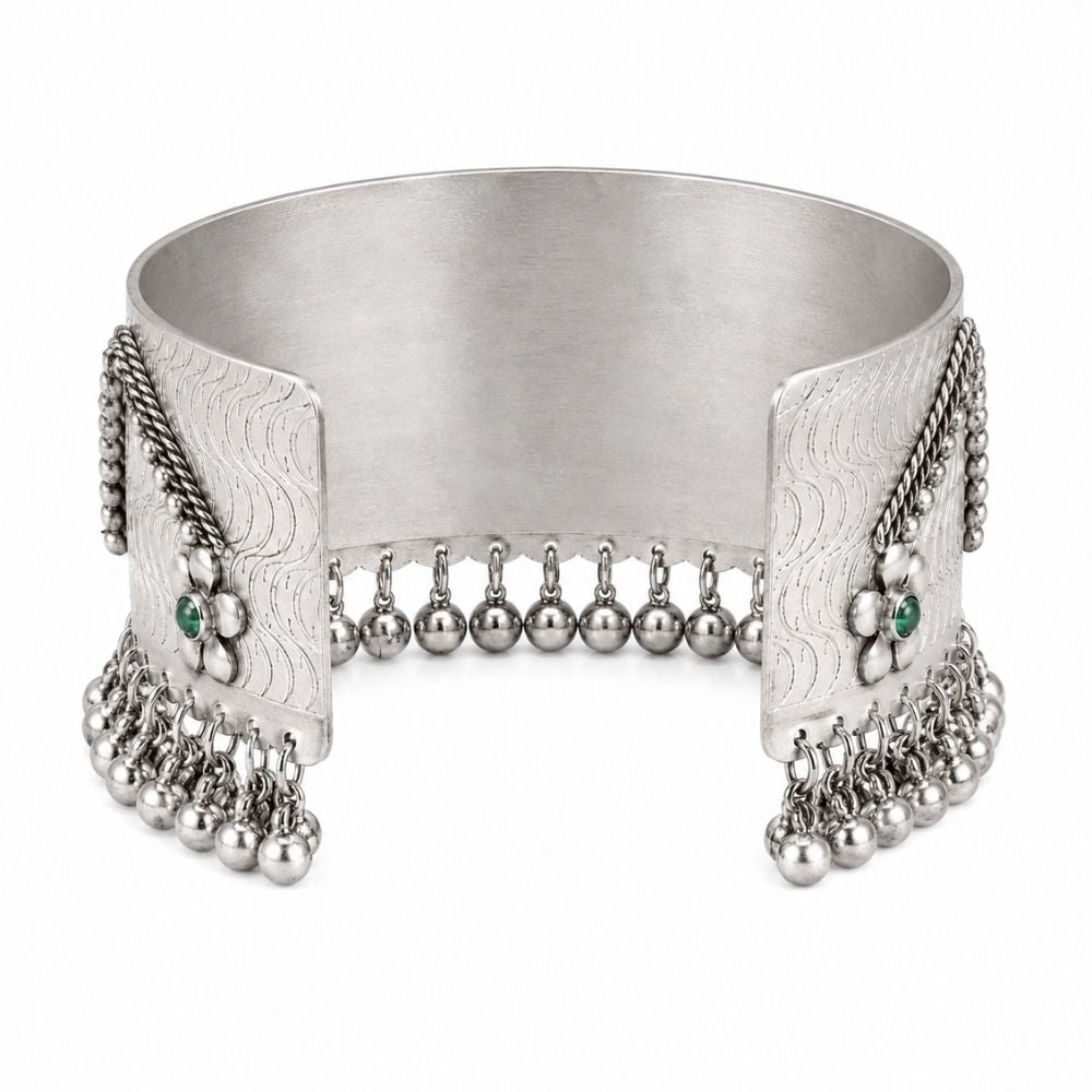 Rudrika-Oxidised Silver Floral Ghungroo Cuff Bracelet
