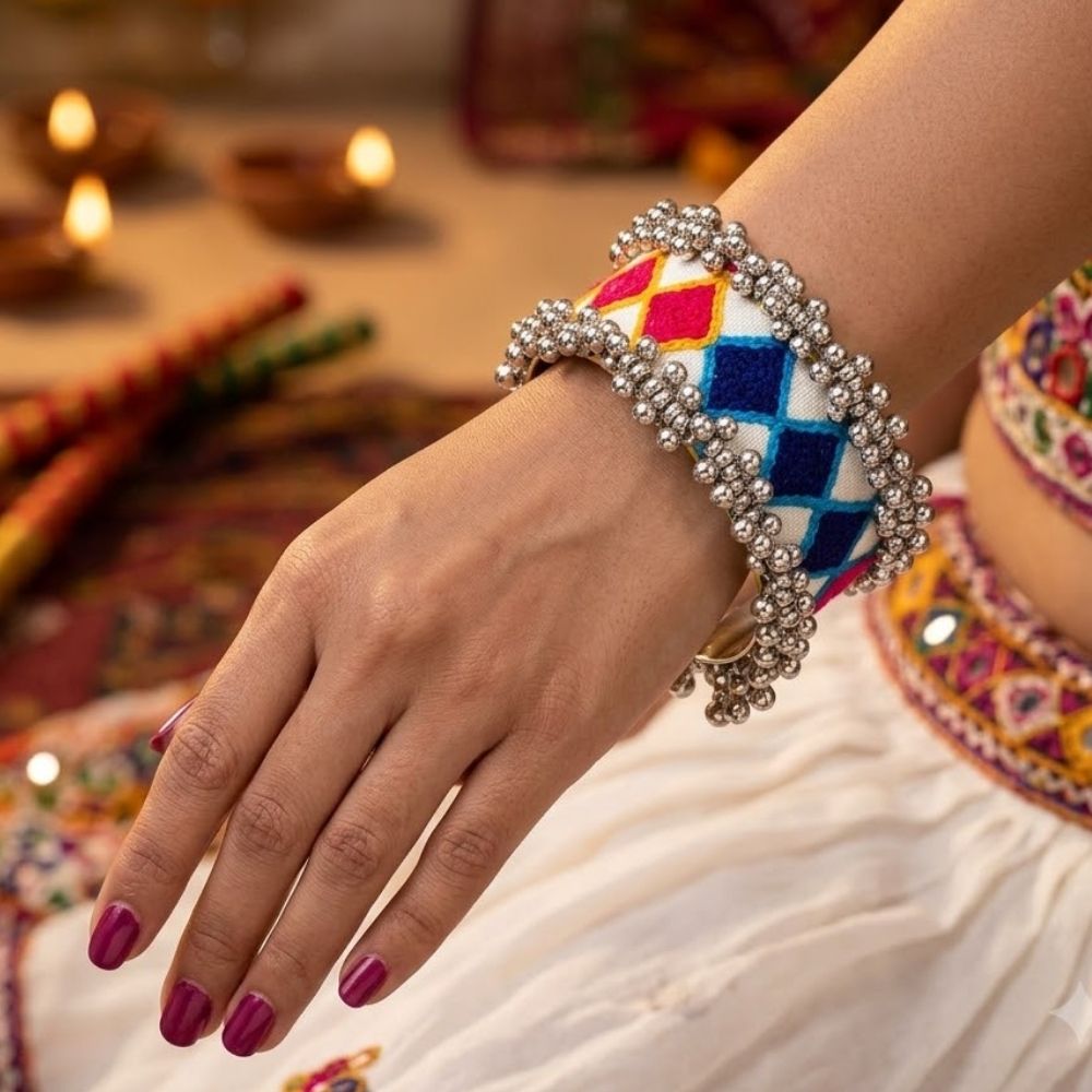 Kanishka- Multicolour Embroidered Ghungroo Cuff Bracelet