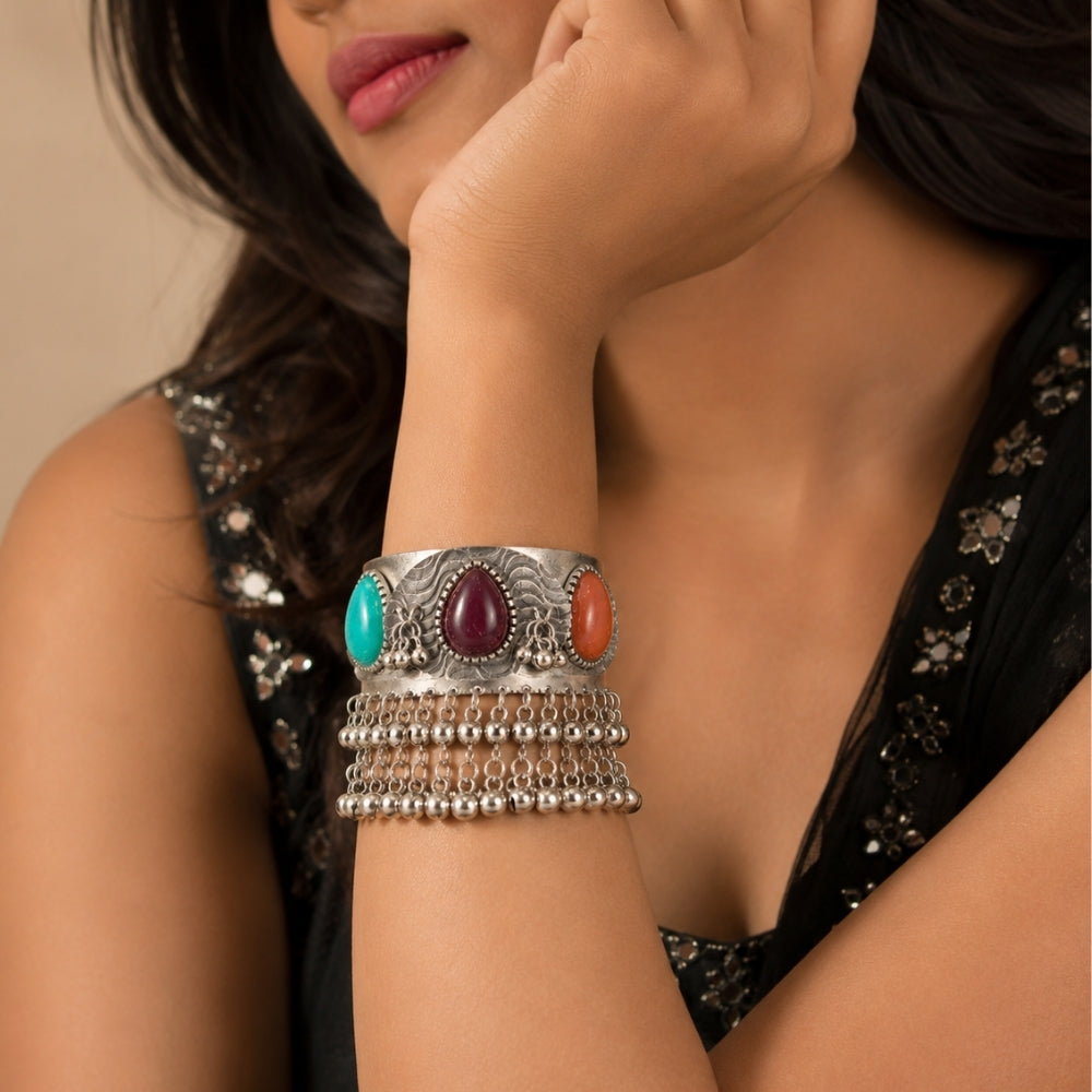 Vaidika- Multicolour Oxidised Silver Ghungroo Cuff Bracelet