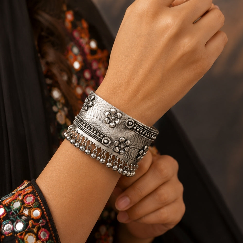 Drisha- Oxidised Silver Floral Ghungroo Cuff Bracelet