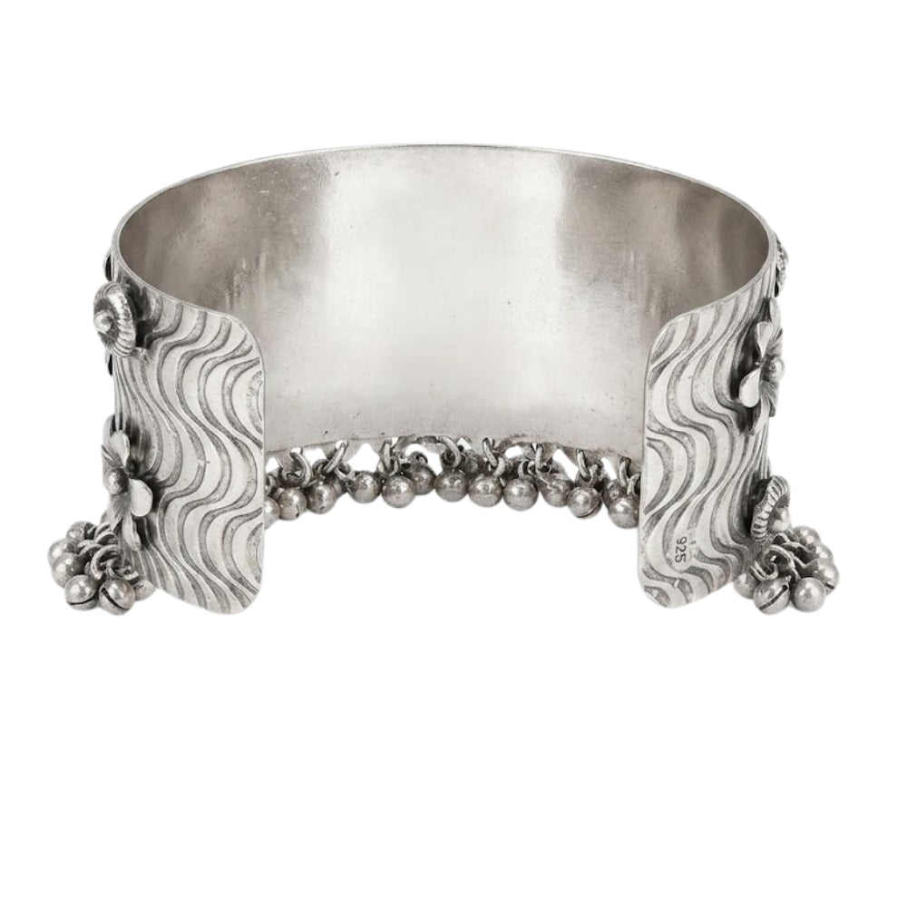 Drisha- Oxidised Silver Floral Ghungroo Cuff Bracelet