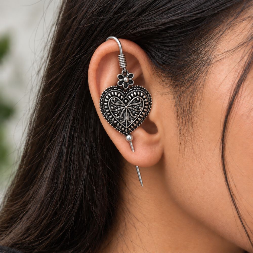 Naivika- Oxidised Silver Heart Bugadi Ear Cuff