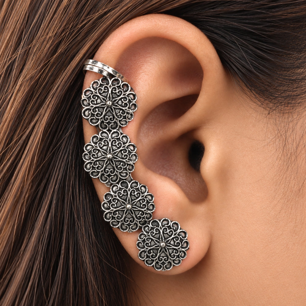 Nisa Oxidised Silver Floral Ear Cuff for Women & Girls