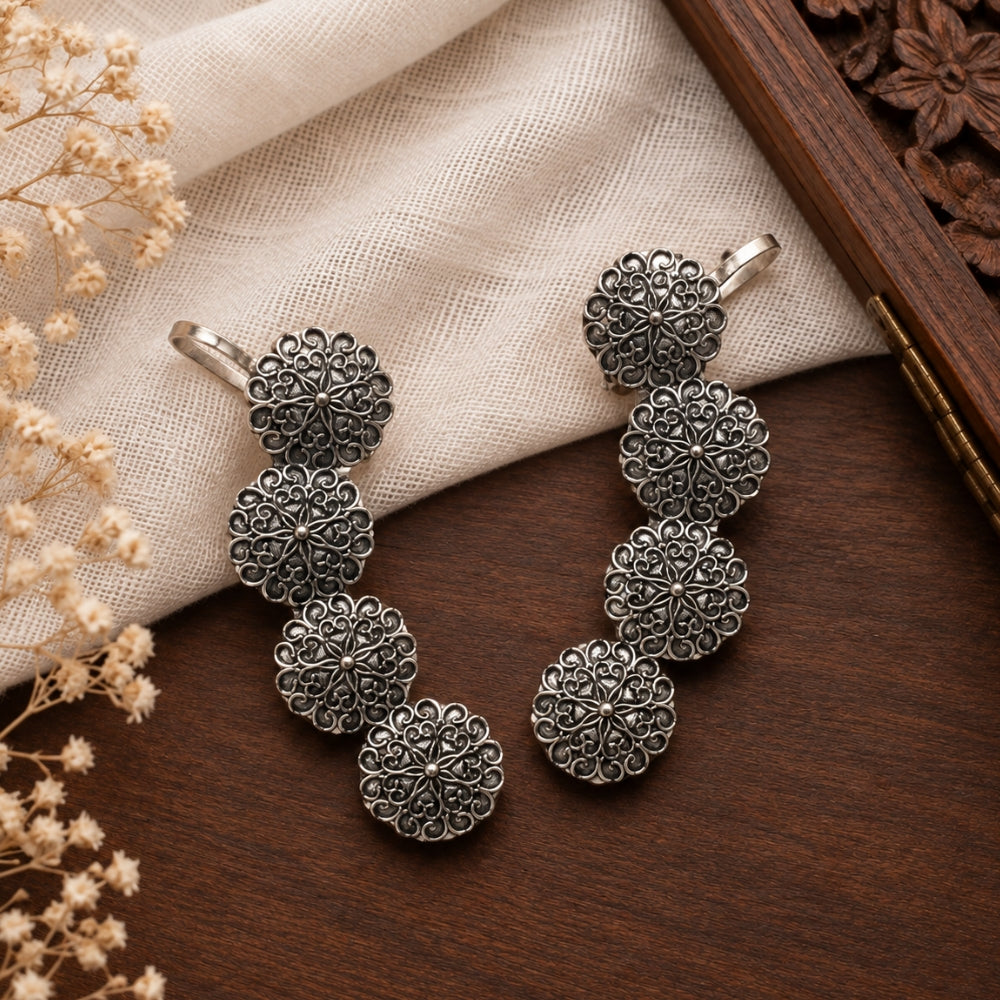 Nisa Oxidised Silver Floral Ear Cuff for Women & Girls