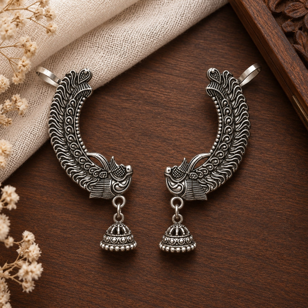 Ziya Oxidised Silver Peacock Jhumka Ear Cuff for Women & Girls