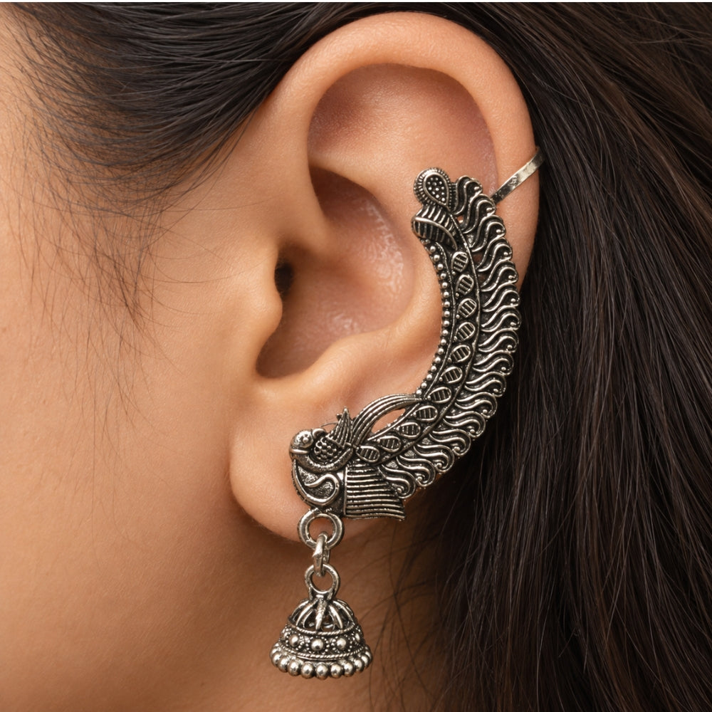 Ziya Oxidised Silver Peacock Jhumka Ear Cuff for Women & Girls