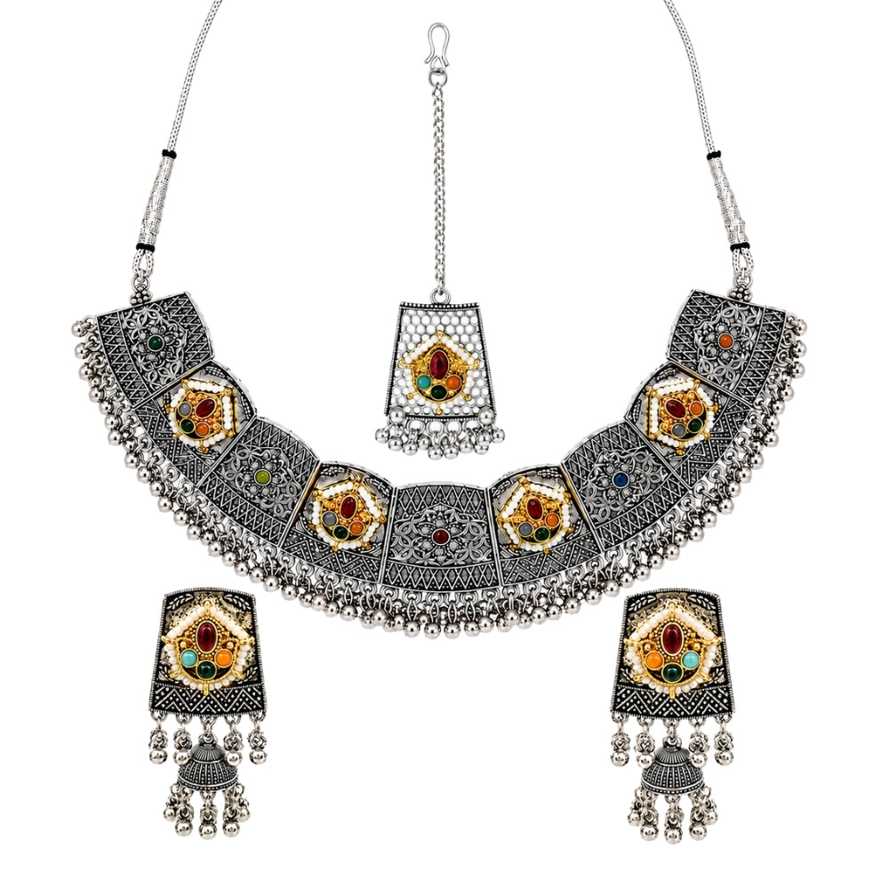 Shivali- Multicolour Oxidised Silver Choker Jewellery Set