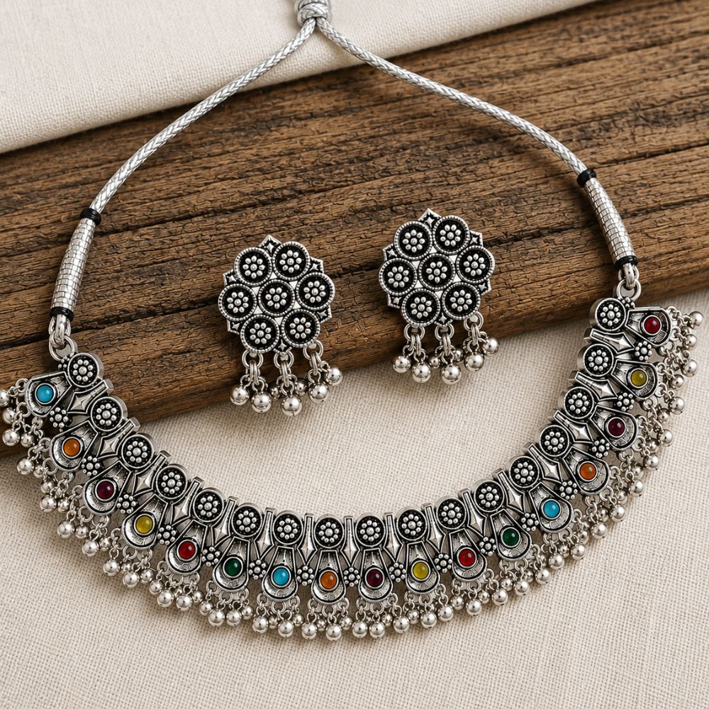 Vruddhi- Multicolour Oxidised Silver Ghungroo Necklace Set