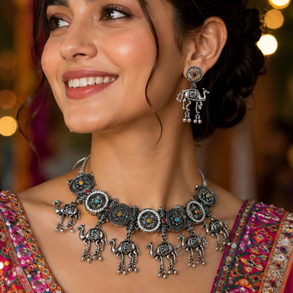 Prabhavi -Oxidised Silver Camel Charm Necklace Set