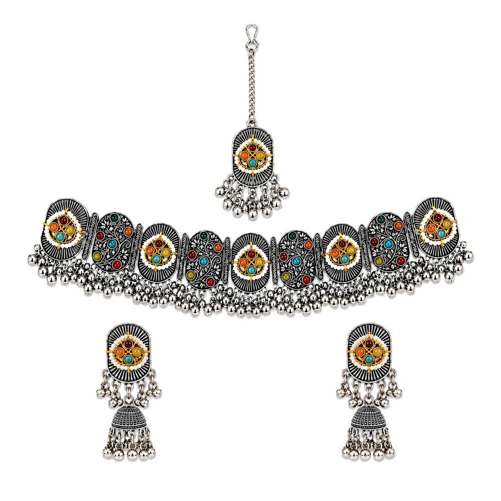 Nishvi- Oxidised Silver Multicolour Choker Jewellery Set