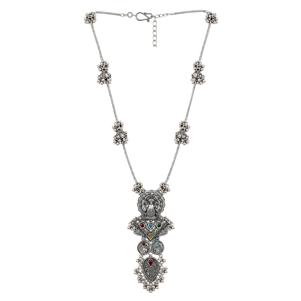 Dhanvika - Oxidised Silver Peacock Pendant Necklace Set