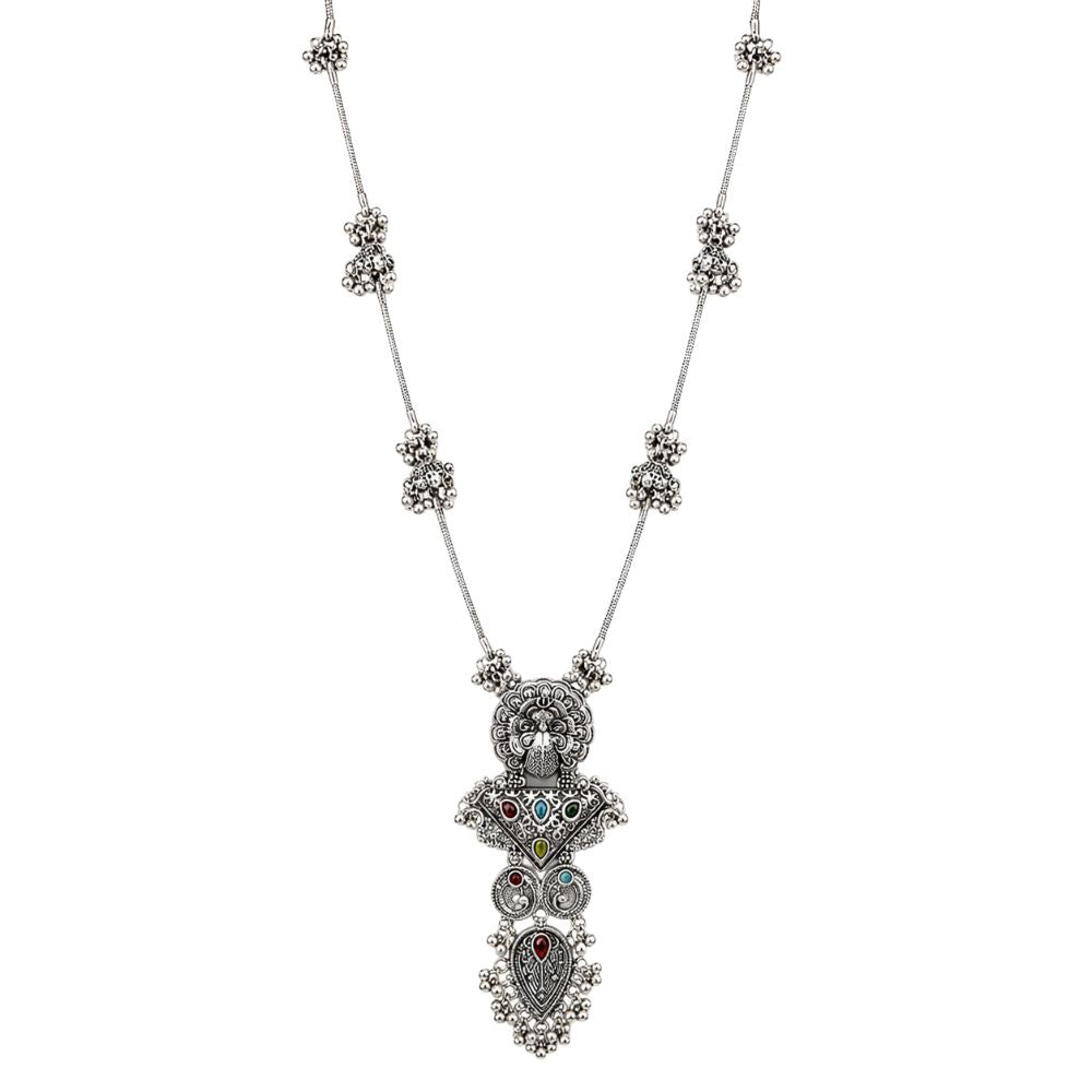 Dhanvika - Oxidised Silver Peacock Pendant Necklace Set